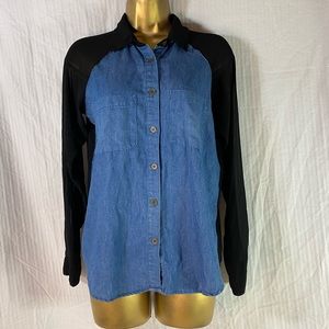 Gianni Bini Sz XS Denim Chambray Button Shirt Top Blouse Sexy sheer black